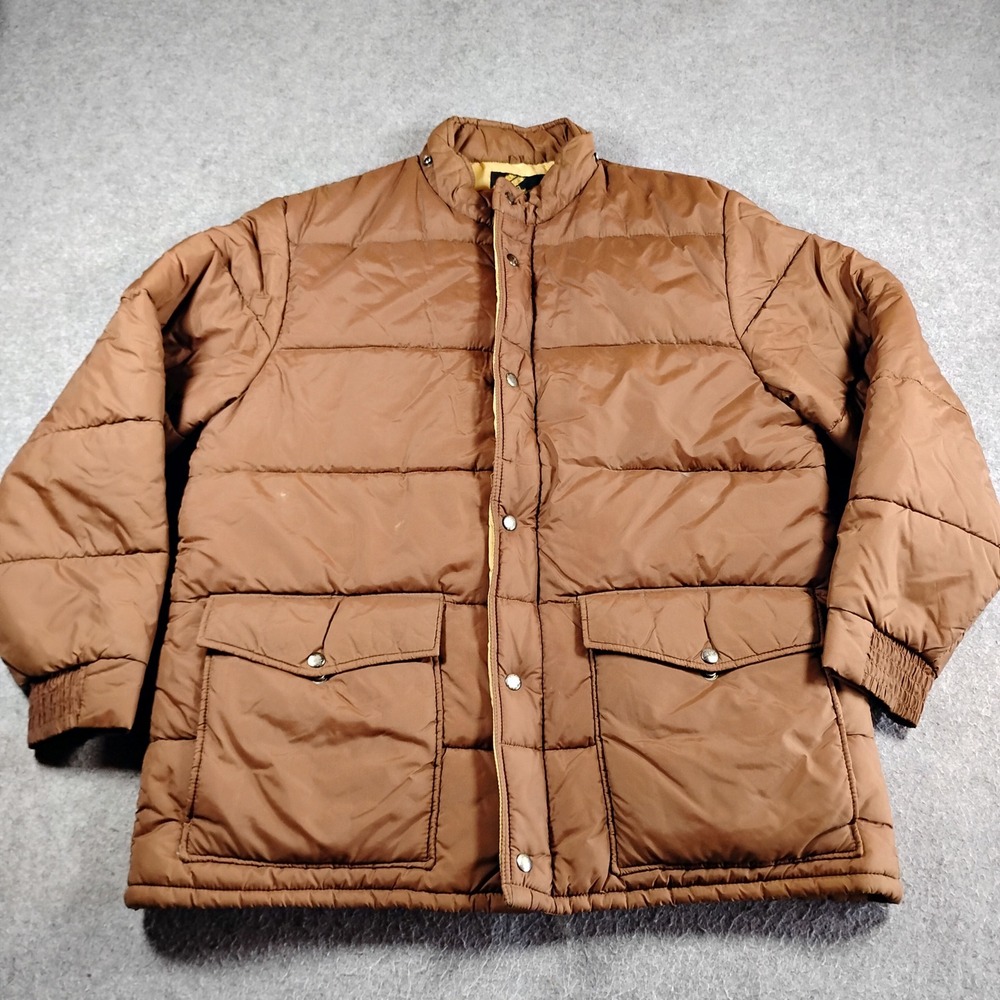 Vintage‎ Sears Mens XL Brown Quilted Puffer Jacket Snap Front Parka Heavyweight